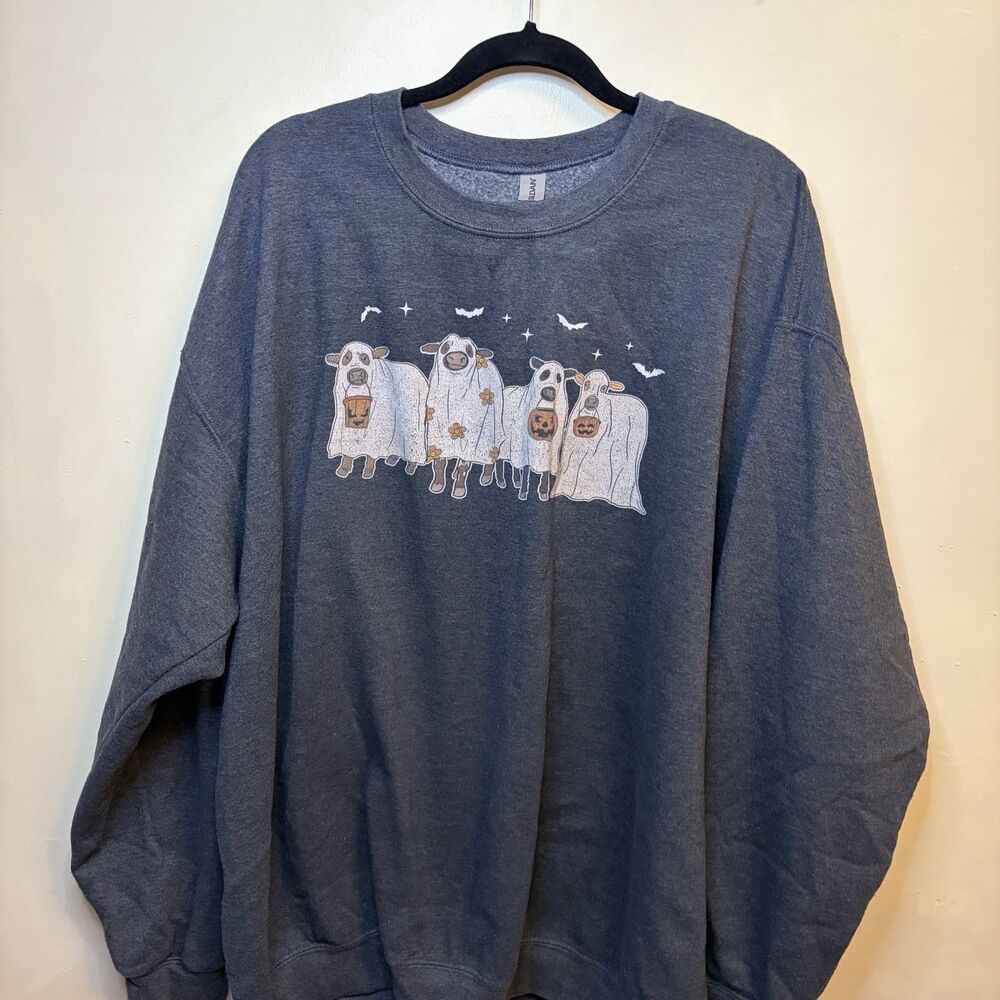 Halloween Graphic Ghost Cows Gilden Heavy Blend Crew Neck Sweatshirt 4X - Picture 3 of 9